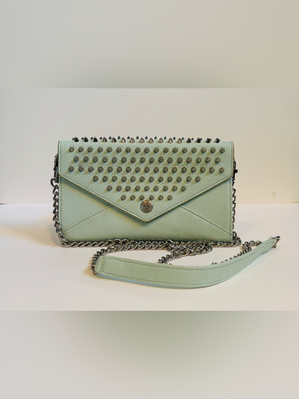RARE Rebecca Minkoff Mint Green Leather Studded Chain Envelope Wallet Bag NWT